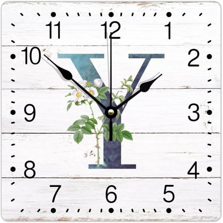 Initial Letter Y Blue Pvc Wall Clock Monogram White Floral Square Frameless Clocks Family Inital 10In Silent Non-Ticking Artistic Wall Clock Decoration For Living Room Home Bedroom