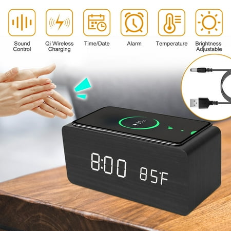 iNova Digital LED Wooden Alarm Clock Qi-Wireless Voice Control Alarm Clock Thermometer Black