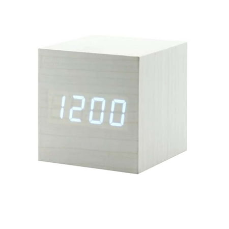 ionze Appliances Digital Alarm Clock Wood LED Light Cube Alarm Clock Displays Time Date Temperatu Clock （White）