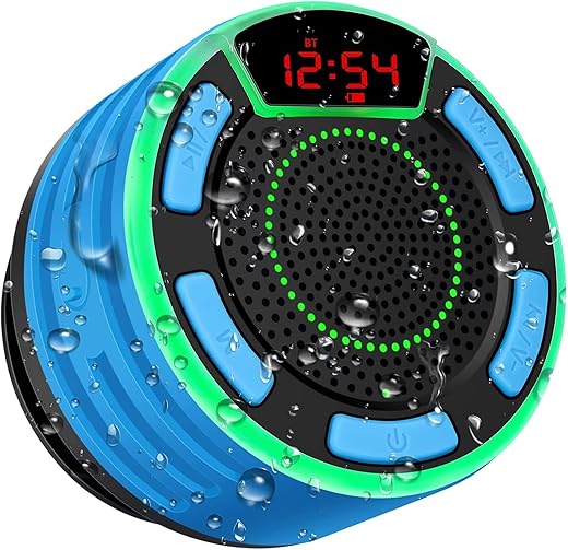 IPX7 Waterproof Speaker, Bluetooth Portable Wireless Shower Speakers with LED Display, FM Radio, Suction Cup, Light Show, TWS, Loud Stereo Sound for Pool Beach Home Party Travel Outdoors