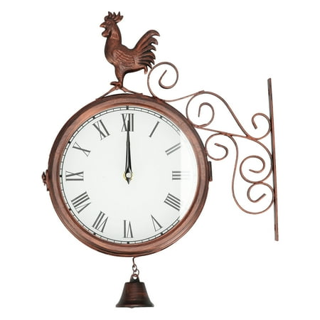 Iron Wrought Wall Clock Rooster Double Sided Antique Brass Wall Clock Round Roman Numeral Wall Clock for Home Garden