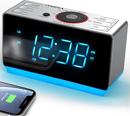 iTOMA Alarm Clock Radio with Bluetooth Speaker, FM Radio, Dual Alarm with Snooze, Large LED Display, Dimmer Control, USB Charging Output and Night Light CKS708