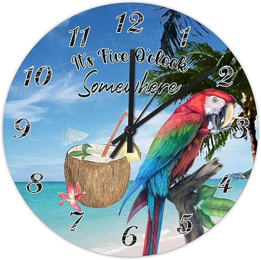 It's 5 O'Clock Somewhere Macaw Parrot Wall Clock 10 Inch Summer Beach Party Tropical Rest Decorative Clock Silent & Non-Ticking Round Clock for Kitchen Dining Room