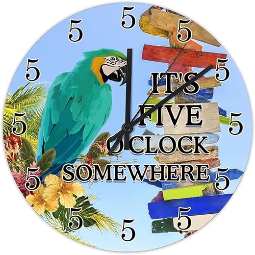 It's 5 O'Clock Somewhere Macaw Parrot Wall Clocks 10 Inch Parrot Tropical Beach Vacation Room Decorative Wall Clock Non Ticking Round Clock for Dining Room Decor