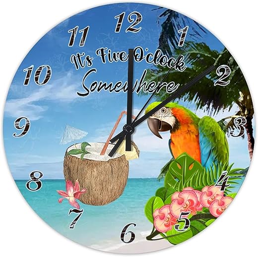 It's 5 O'Clock Somewhere Macaw Parrot Wall Clocks 12 Inch Happy Hour Rustic Wood Wall Clock Quartz Movement Round Clock for Home Office School