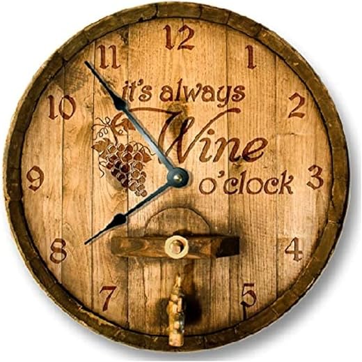 It's Always Wine O'Clock Wall Clock Grape Pattern Wooden Decorative 12 Inch Round Silent Non-Ticking Clock Battery Operated Wall Clocks Easy to Read for Kitchen Living Room Works