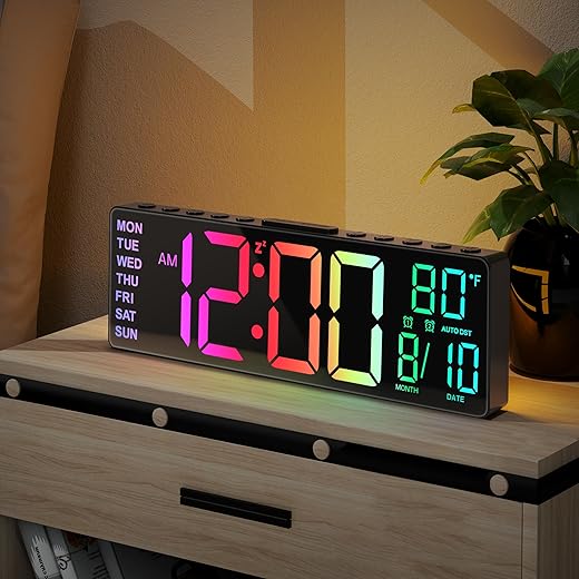 JALL 10.5'' Digital Large Alarm Clock with 8-in-1 RGB Colors, Date, Month, Temperature LED Display, Auto DST, Modern Decor Design for Desk, Wall, Living Room, Bedroom, Gift, Yougster and Elderly