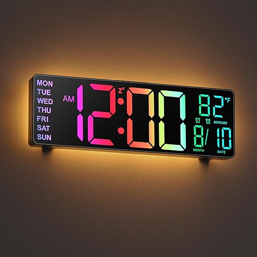 JALL 10.5'' Large Digital Wall Clock with Remote Control, Dual Alarm with Big LED Screen Dispaly, 8 RGB Colors, Auto DST, Temperature for Living Room, Bedroom, Decor, Gift for Elderly