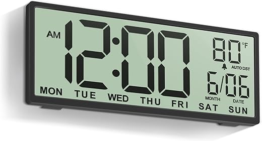 JALL 14.5 Large Digital Wall Clock Battery Operated with Big Digits LCD Screen Display, Day, Date, Alarm, Auto DST, Temperature for Living Room, Bedroom, Desk Decor, Mounted, Gift for Elderly