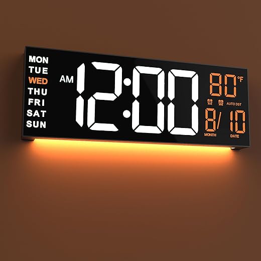 JALL 16" Large Digital Wall Clock Timer, Remote Controll, 2 Alarms, LED Display, 8 RGB Color, Auto DST, Temperature for Living Room, Bedroom, Desk, Mounted, Gift for Elderly (White Orange, 16 inches)