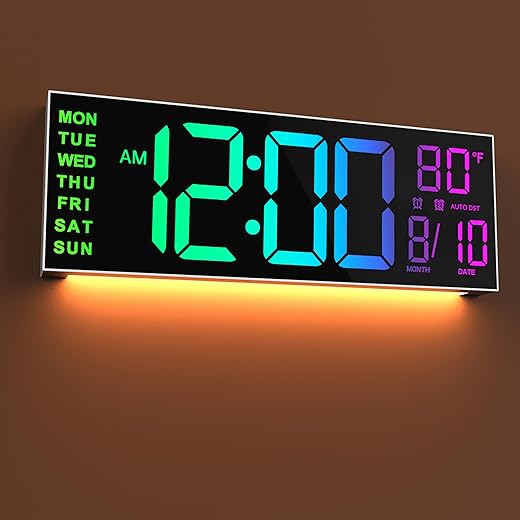 JALL 16" Large Digital Wall Clock with Remote Control, Timer, Alarm with Big LED Screen Dispaly, 8 RGB Colors, Auto DST, Temperature for Living Room, Bedroom, Mounted, Gift for Elderly, White