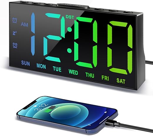 JALL Digital Alarm Clock with Large Display Big Bold Numbers, Dimmer, 2 USB Charging Ports, Snooze, Small Table Desk Clock for Bedroom, Living Room, Clock for Heavy Sleepers (Black with RGB Font)