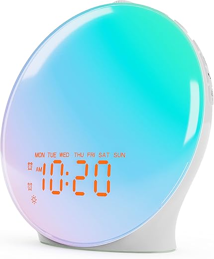 JALL Wake Up Light Sunrise Alarm Clock for Kids, Bedroom, Full Screen with Sunrise Simulation, Dual Alarm, FM Radio, 15 Nightlights, 8 Sounds, Sleep Timer