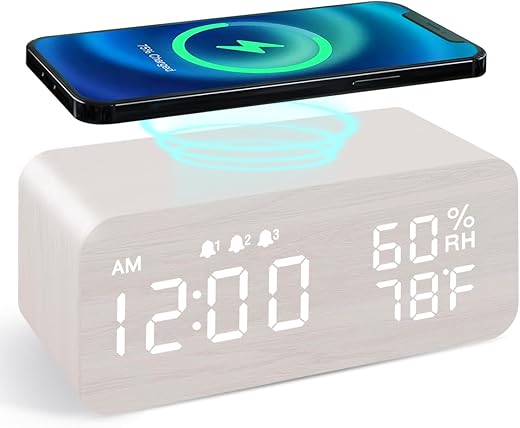 JALL Wooden Digital Alarm Clock with Wireless Charging, 3 Alarms LED Display, Sound Control and Snooze Dual for Bedroom, Bedside, Desk, Office, White