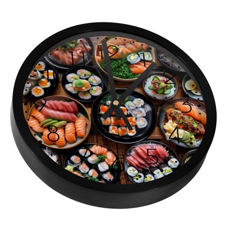 Japanese Food Sushi Feast Silent Wall Clock, Non Ticking Battery Operated 9.8 Inch Wall Clocks for Bedroom Kitchen Home Office School Art Decor