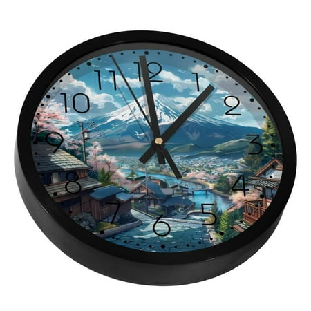 Japan Mount Fuji House Street Silent Wall Clock, Non Ticking Battery Operated 9.8 Inch Wall Clocks for Bedroom Kitchen Home Office School Art Decor