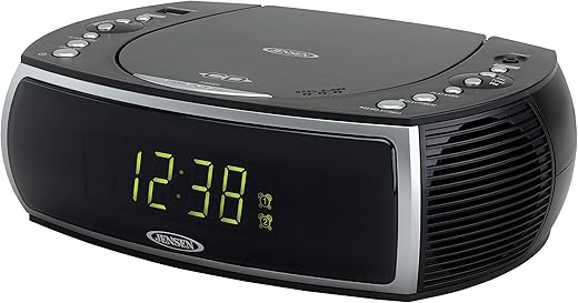 Jensen Modern Home CD Tabletop Stereo Clock Digital AM/FM Radio CD Player Dual Alarm Clock Stereo CD Top-Loading Disc Player | USB Charging Port DV 5V 800mA | Headphone Jack | 0.9 Display Green LED