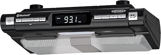 Jensen Modern SMPS-628 Black Series Under Cabinet Kitchen Universal Bluetooth Music System , Clock Radio LCD Digital Display , Built-in Hands-Free Microphone & Speakers (Renewed)