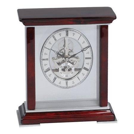 Jiallo Mahogany Wood Table Skeleton Clock in Brown/Clear/Silver