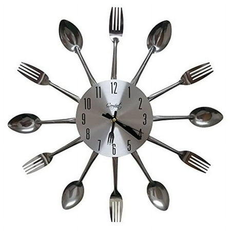 Jieluotekeji Comfort Home Cutlery Kitchen Spoon & Fork Decorative Wall Clock, Sliver