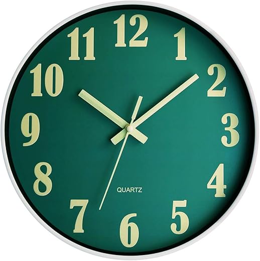 JoFomp Glow in The Dark Clock, 12 Inch Modern Silent Non Ticking Wall Clocks Battery Operated, Night Light Wall Clock for Living Room Decor, Wall Clock Decorative for Kitchen Bedroom (Green)