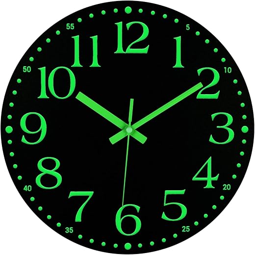 JoFomp Wooden Glow in The Dark Clock, 12 inch Silent Non-Ticking Battery Operated Clock, Energy-Absorbing Luminous Numerals and Hands, Lighted Wall Clock Decoration for Bedroom Living Room