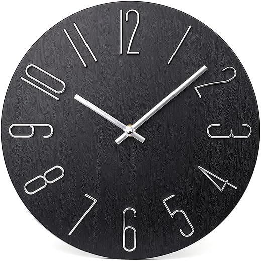 jomparis Wall Clock 12" Silent Non-Ticking Modern Style Wooden Wall Clocks Decorative for Office Home Bedroom School (Black)