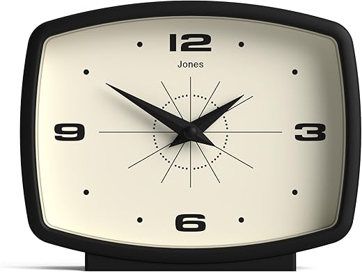 JONES CLOCKS® 'Film' Desk Clock - Retro Rectangular Design in Black, Cool Look for Shelf, Table, Mantel, or Bedside