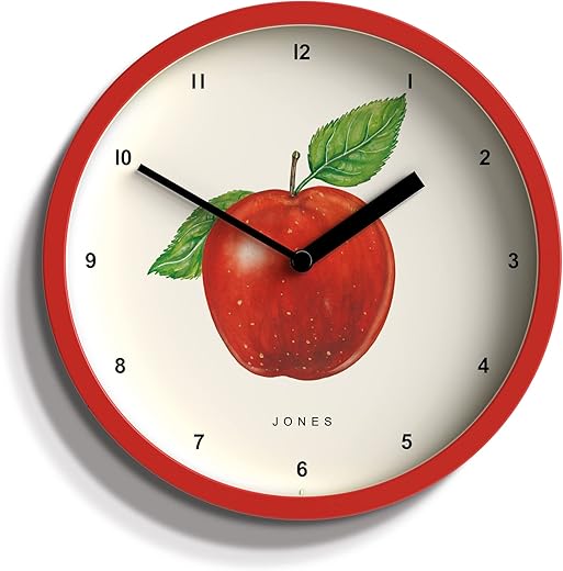 JONES CLOCKS® Fruit Clock - Round Clock - Small Clock - Kitchen Clock - Office Clock - Modern Design - Designer Clock - Colourful Case - Fruit Art - Fruit Wall Clock (Apple)