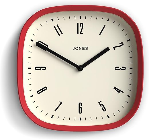 JONES CLOCKS® Marvel Wall Clock | Retro Rounded Square Clock | 10 inch | Red | Cool Designer Look for Kitchen, Living Room or Office