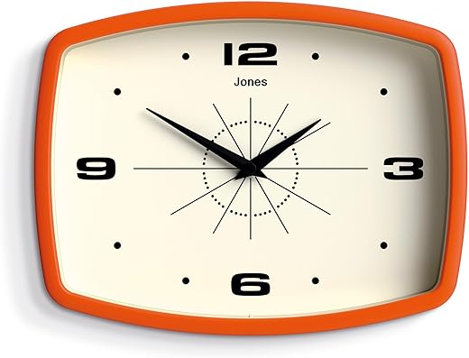 JONES CLOCKS® Movie Wall Clock | Retro Rectangular Clock | 10 inch | Orange | Cool Designer Look for Kitchen, Living Room or Office