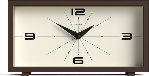 JONES CLOCKS® 'Odeon' Desk Clock - Modern Rectangular Design in Brown, Stylish Retro Look for Shelf, Table, Mantel or Bedside