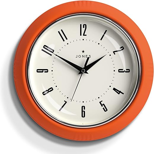 JONES CLOCKS® Round Retro Wall Clock – The Ketchup Round Clock – Easy to Read Numbers, Perfect as a Kitchen Clock, Office Clock, Living Room Clock. Retro Clock 25cm (Pumpkin Orange)