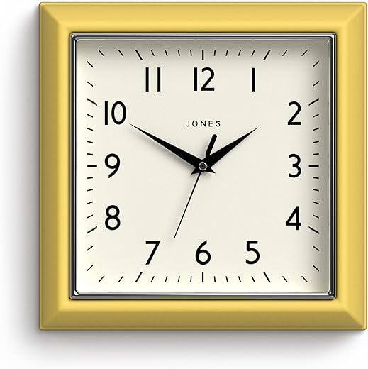 JONES CLOCKS® The Mustard Wall Clock - Analog Wall Clock - Retro Clock - Kitchen Wall Clocks - Easy to Read Dial - Square Wall Clock - British Design - 10in Clock (Yellow)