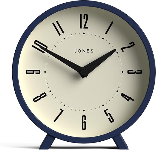 JONES CLOCKS® 'Venus' Desk Clock - Modern Round Design in Blue, Stylish Retro Look for Shelf, Table, Mantel or Bedside