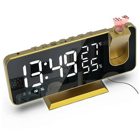 Jumper Projection Alarm Clock for Bedroom, Large LED Screen Digital Alarms Clock Radio with USB Charger Ports, 4 Adjustable Dimmer, Dual Alarm Clock with Temperature Humidity Date Display, Snooze Gold