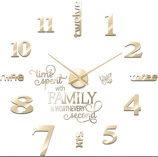 Junkin 3D Large Frameless DIY Wall Clock,Modern Decor Family Quote Wall Stickers Clock kit for Home Living Room Bedroom Office Wall Decorations Adjustable Size (Gold)