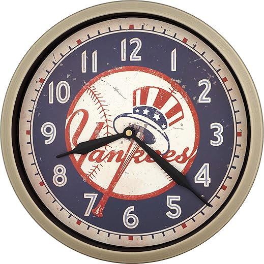 JUSTIME 12 inch Quality Metal Brushed, Easy to Read Yankees Baseball Team Arabic, Silent Non Ticking Wall Clock, Home Decor (WM12-YKE-RB Retro Bronze)