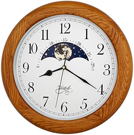 JUSTIME 14 Inch Exclusive Solid Oak Wood Non-Ticking Sweep Mechanical Specialty Moon Phase Moving Dial Wall Clock, Gift, Home Décor