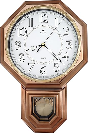 JUSTIME Traditional Schoolhouse Pendulum Luminous Wall Clock Chimes Hourly with Westminster Melody Made in Taiwan, 4AA Batteries Included (PP0262-L Vintage Bronze)