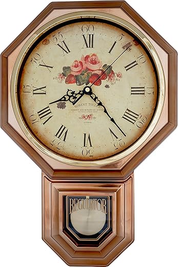 JUSTIME Vintage Rose Classic Traditional Schoolhouse Pendulum Wall Clock Chimes Every Hour with Westminster Melody Made in Taiwan, 4AA Batteries Included (PP0262-FV Vintage Brass)