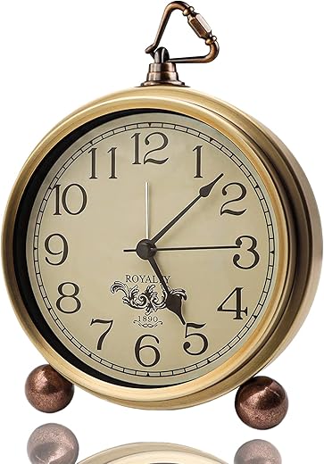 Justup Golden Table Clock, Retro Vintage Non-Ticking Table Desk Alarm Clock Battery Operated Silent Quartz Movement HD Glass for Bedroom Living Room Indoor Decoration Kids (Arabic)