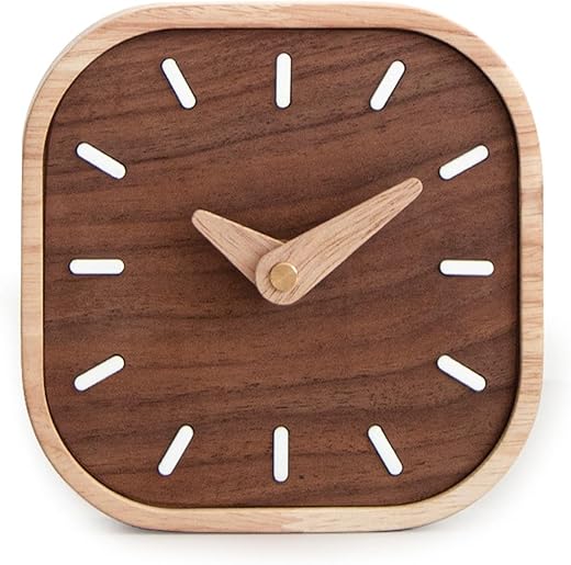 JUSTUP Small Analog Table Clock, 5.2 Inch Black Walnut Minimalist Desk Clock, Battery Powered Silent Non Ticking Bedside Clock, Decor Clocks for Shelf Tabletop Mantel (Wood)