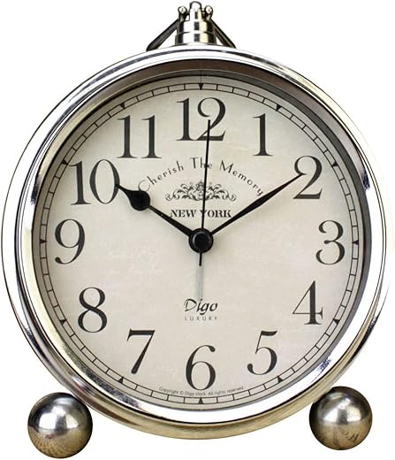 JUSTUP Vintage Table Clock, Iron European Style Desk Clock Battery Operated Non-Ticking Mantle Clock for Home Decor (Silver)