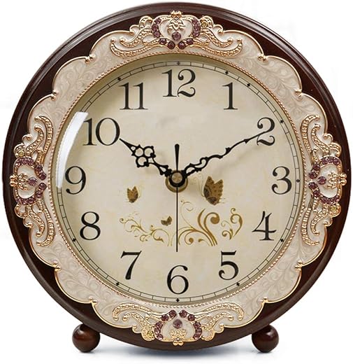 Justup Vintage Table Clock, Retro Non-Ticking European Style Beside Desk Clock Battery Operated Silent Quartz Movement for Bedroom Living Room Indoor Decor (Brown)