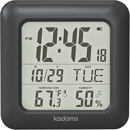 KADAMS Bathroom Clock Wall with Shatterproof LCD Screen – Waterproof Shower Clock Water Resistant with Temperature & Humidity Display Calendar in 7 Languages with 4 Installation Options, Black