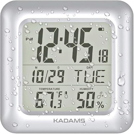 KADAMS Bathroom Clock Wall with Shatterproof LCD Screen – Waterproof Shower Clock Water Resistant with Temperature & Humidity Display Calendar in 7 Languages with 4 Installation Options, Silver