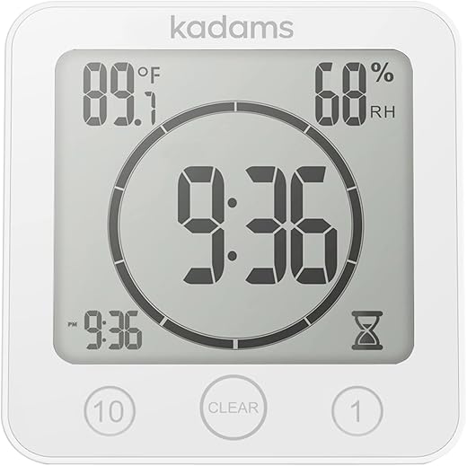 KADAMS Digital Bathroom Shower Kitchen Wall Clock Timer with Alarm, Waterproof for Water Spray, Touch Screen Timer, Temperature Humidity, Suction Cup Hanging Hole Stand - White