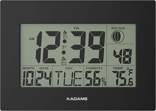 KADAMS Large Digital Wall Clock - Dual Alarm with Snooze Function - Wall Calendar - Moon Phase - Temperature & Humidity - Fold-Out Table Stand, Multiple Mounting Options - Battery Operated (Black)