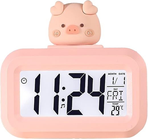 Kawaii Alarm Clock, Cartoon Digital Clock Cute Cartoon LED Screen Desktop Electronic Alarm Data Time Calendar Temperature Clock Piggy Shape Desktop Clock for Kids Children(Pink Piggy)